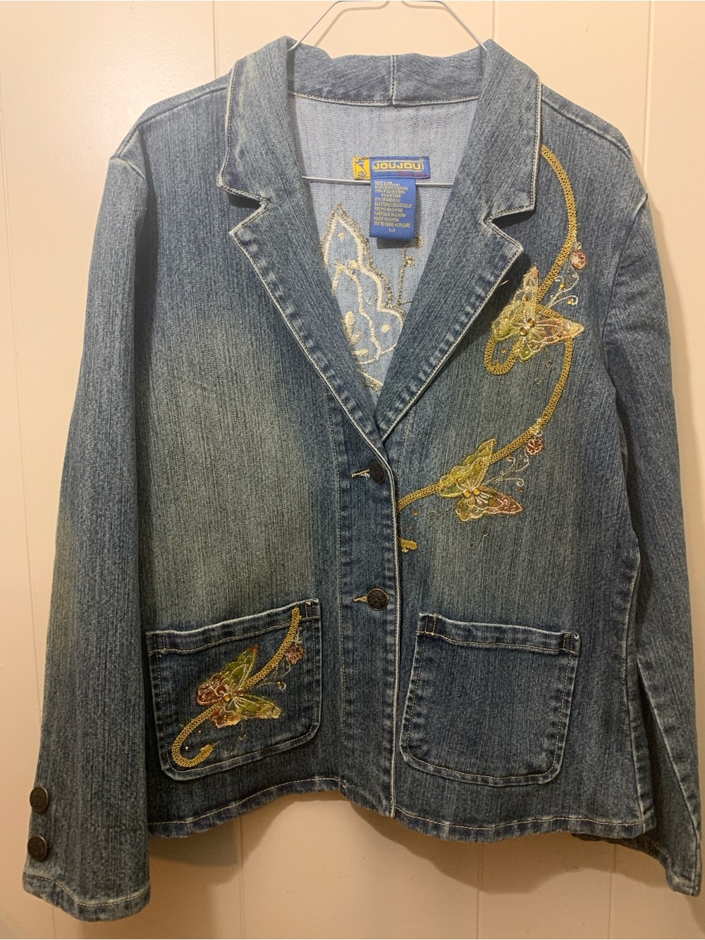 Vintage Women’s M Jou Jou Blue Denim Jacket with Gold Butterfly Embroidery Y2K